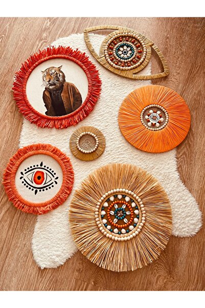 Aylak Tasarım Aylak Şeyler turuncu detaylı, göz temalı 6 parça rafya set