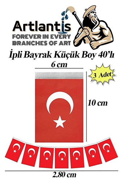 Artlantis İpli Bayrak Küçük Boy 40'lı 6x10cm 3 Paket Türk Bayrağı Kağıt İpli ...