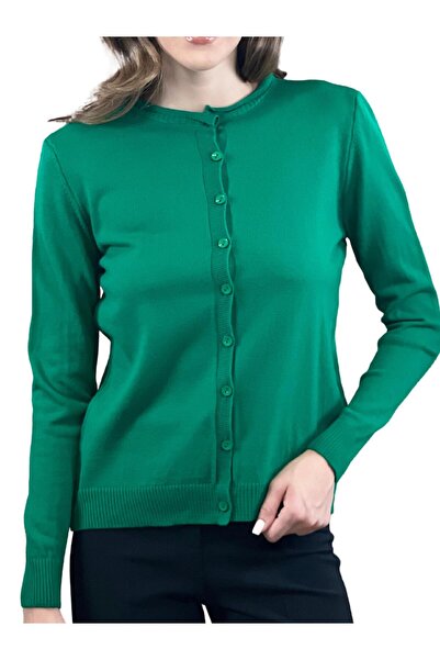 Miss Poem Women's Crew Neck Buttoned Long Sleeve Basic Green Knitwear Cardigan