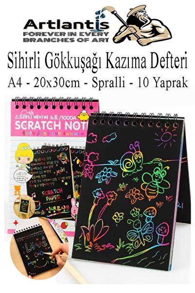 Artlantis Sihirli Gökkuşağı Kazıma Defteri A4 20x30 cm 1 Paket 10 Sayfa Scratch Note Spralli Siyah Sihirli Res