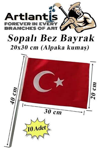Vatan Bayrak Sopalı Bez Bayrak 20x30 Cm 10 Adet Saplı Bayrak Ay Yıldız Plasti...