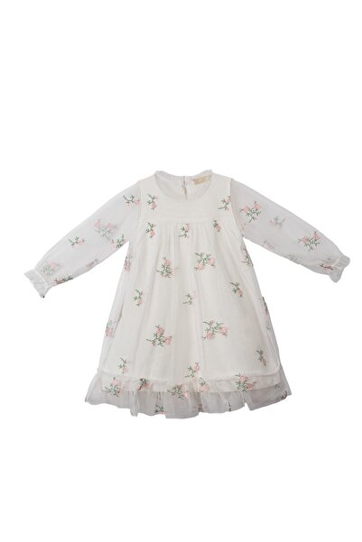 Lolons Çiçek Desenli Kız Çocuk Dokuma Tül Elbise Ekru