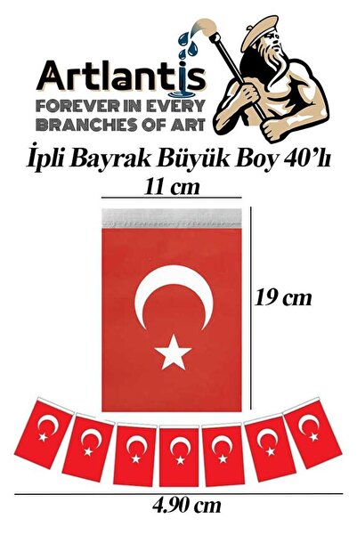 Artlantis İpli Bayrak Büyük Boy 40'lı 11x19cm 1 Paket Türk Bayrağı Kağıt İpli...