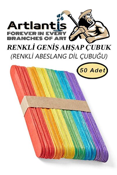 Artlantis Renkli Dil Çubuğu 50 li 1 Paket Ahşap Dil Basma Cubugu Abeslang Ren...