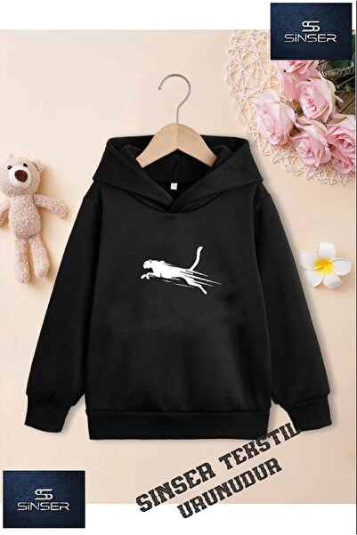 SİNSER TEKS Дівчача/хлопчача біла кофта з капюшоном і принтом «JAGUAR CIZGILI»