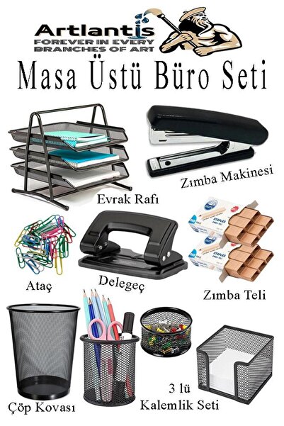 Artlantis Masa Üstü Ofis Seti 1 Paket Evrak Rafı Kalemlik Zımba Makinesi Çöp ...