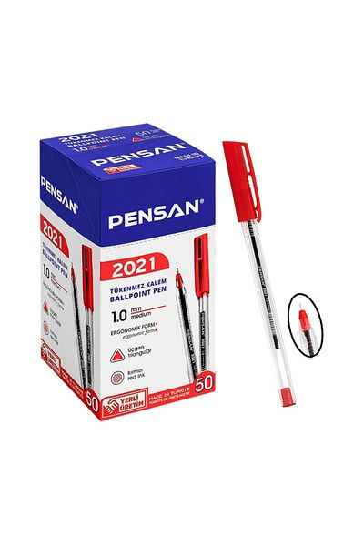 Pensan Red Ballpoint Pen 2021 Transparent Triangle Body 1.0 Mm 10 Pieces