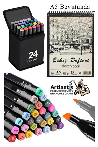 Artlantis Eskiz Defteri A5 50 Yaprak 100 gr 1 Adet 24 Renk Çift Taraflı Marker Kalem 24 Adet Touch Çift Uçlu