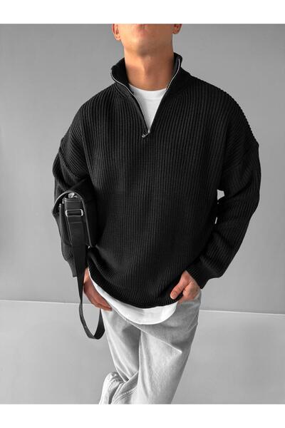 ablukaonline Černý pánský oversize svetr s polovičním zipem