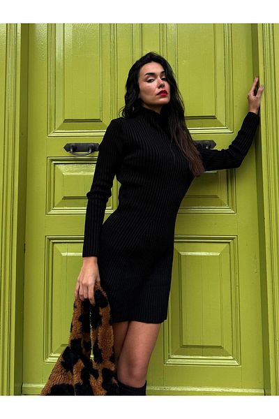 minaaise Mini rochie de iarnă cu nervuri negre pentru femei 28337