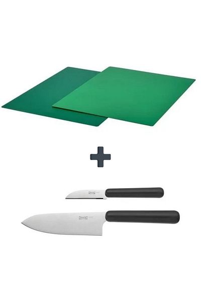 IKEA Green Finfördela Cutting Board - 28X36 Cm, 2 Pieces and Gray Finfördubbla Set of Knives