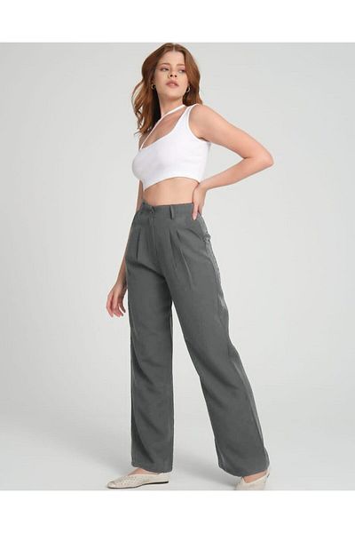 H&A İSTANBUL Women's Pleated Anthracite Fabric high waist Palazzo Trousers