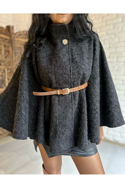 moneta boutique Women's Stand Collar Felt Belted Poncho
