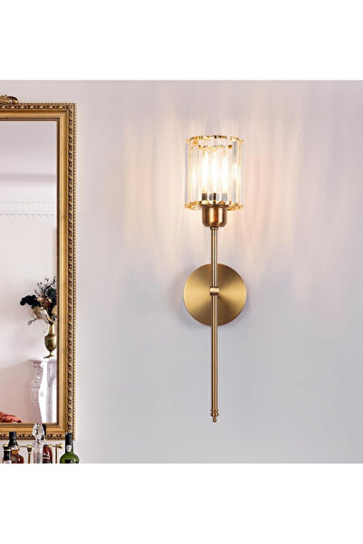 burenze Modern Kristal Taşlı 1 Adet Kablosuz Pilli Aplik Aç Kapa Butonlu Tak Çalıştır Eskitme Gold