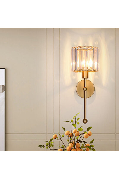 burenze Modern Kristal Taşlı 1 Adet Kablosuz Pilli Aplik Aç Kapa Butonlu Tak Çalıştır Eskitme Gold