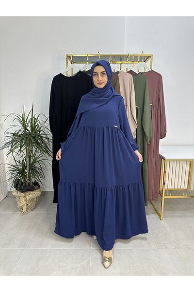 erasra class Indigo Two-Layer Gathered Dress and Shawl Suit - Hijap and Abaya (Suitable for Hajj and Umrah)
