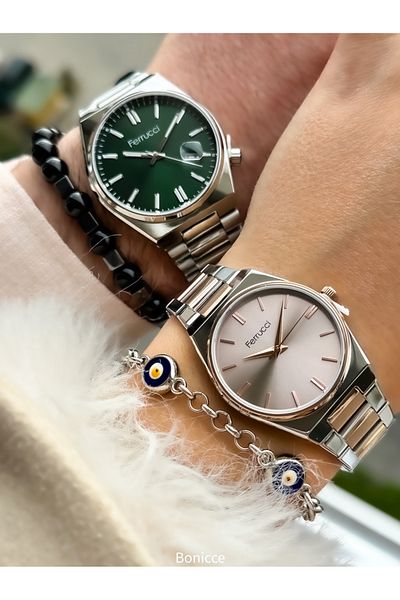 Ferrucci Brand Silver Color Steel Cord Dear Couple Wristwatches+Bracelet