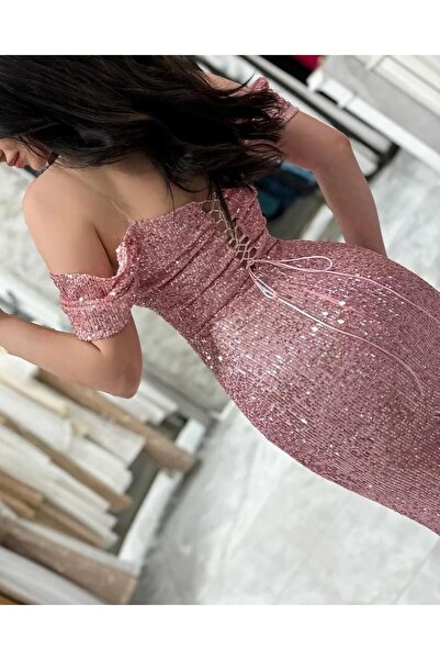 zoe star Andrea Arkası Bağlamalı Detaylı Degaje Yaka Uzun Boy Payet Önü Yırtmaçlı Abiye Elbise Hijap