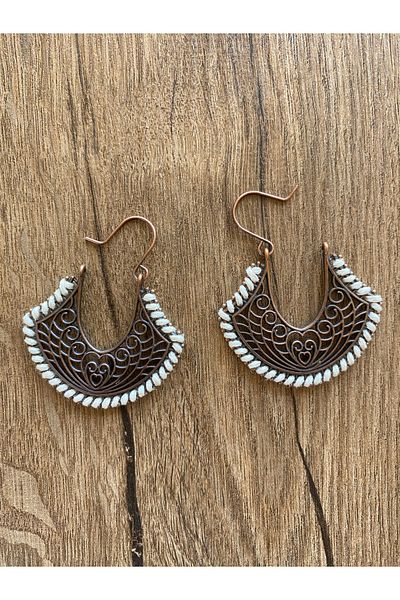 Store Antique Metal Motif White String Boho Style Earrings