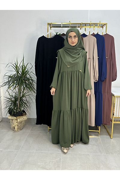 erasra class Green Sufle Scarf and Double Layered Ferace and Abaya Suit - Hi̇jab