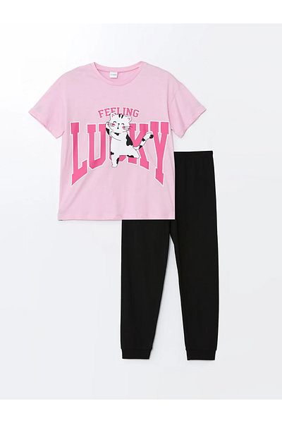 LC Waikiki Lcw Kids Pink Crew Neck Printed Short Sleeve Girls Pajamas Set