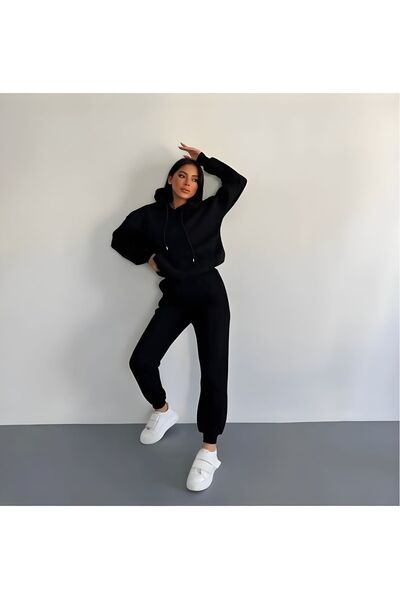 Arz giyim سويت شيرت وسروال شتوي سميك بقلنسوة للجنسين من 3 خيوط - طقم رياضي