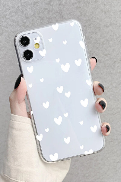 3GEN CASE iPhone 11 Compatible White Little Hearts Patterned Transparent Silicone Case