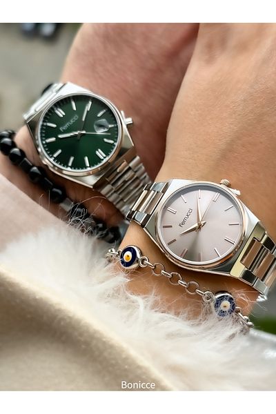 Ferrucci Brand Silver Color Steel Cord Dear Couple Wristwatches+Bracelet