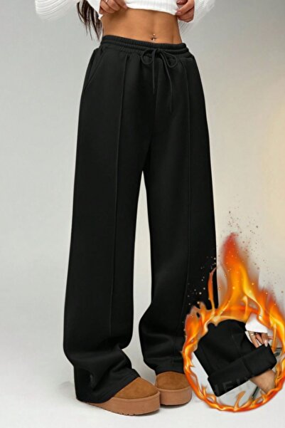 kallima Pruhované černé zimní silné tepláky s vysokým pasem, širokými nohavicemi, šněrovací s skrytými kapsami