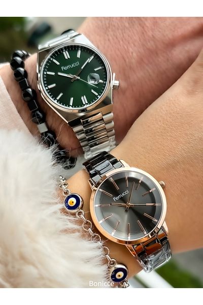 Ferrucci Brand Silver Color Steel Cord Dear Couple Wristwatches+Bracelet