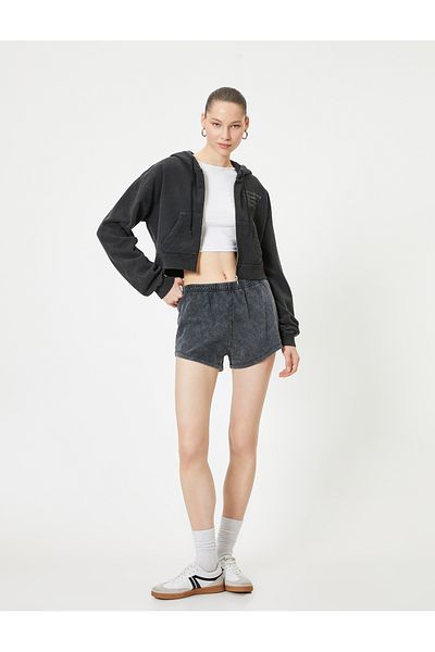 Koton Raster Zipper Hooded Sweatshirt Crop Pocket Print Detail Long Sleeve