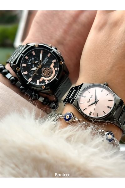 Ferrucci Brand Black Color Steel Cord Dear Couple Wristwatches+Bracelet