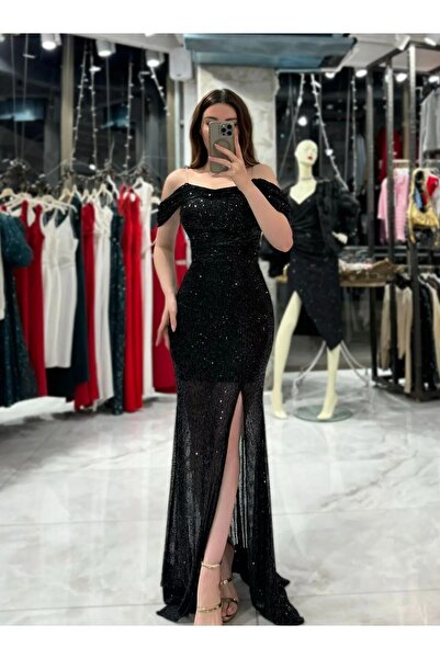 zoe star Andrea Arkası Bağlamalı Detaylı Degaje Yaka Uzun Boy Payet Önü Yırtmaçlı Abiye Elbise Hijap