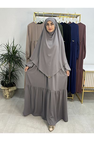 erasra class Gray Sufle Scarf and Double Layer Rubbed Gown Set - for Hijab and Umrah