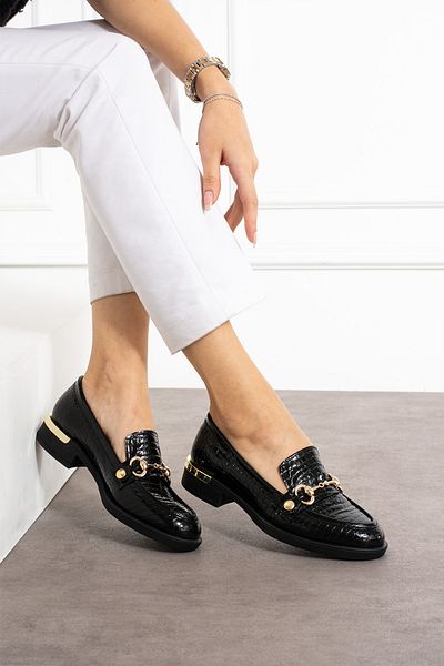 Güllü Shoes Дамски мокасини с черен крокодилски принт - удобни и модерни ежедневни обувки със сменяема златна катарама