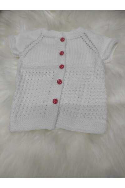 Müjde Tuhafiye El Örgüsü Bebek Yeleği  0-1 Yaş Kırmızı Düğmeli