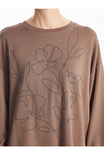 LC Waikiki Brown Crew Neck Embroidered O Oversized Women's Blouse