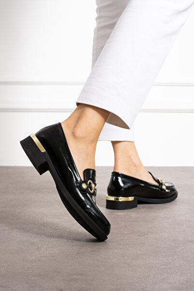 Güllü Shoes Жіночі чорні лаковані мокасини зі змінною золотою пряжкою зручні та повсякденні туфлі на підборах