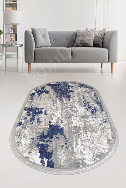 Dijidekor Χαλί Embos Oval με κρόσσια ανοιχτό μπλε ναυτικό, με δυνατότητα σκουπίσματος 80x120