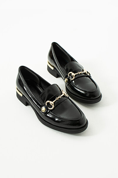 Güllü Shoes Жіночі чорні лаковані мокасини зі змінною золотою пряжкою зручні та повсякденні туфлі на підборах