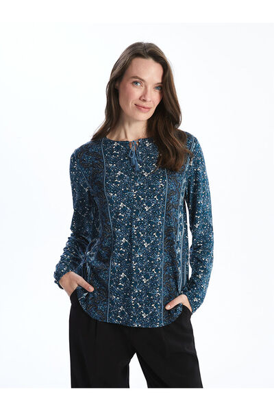 LC Waikiki Navy Blue Laced Collar Patterned Women's Blouse