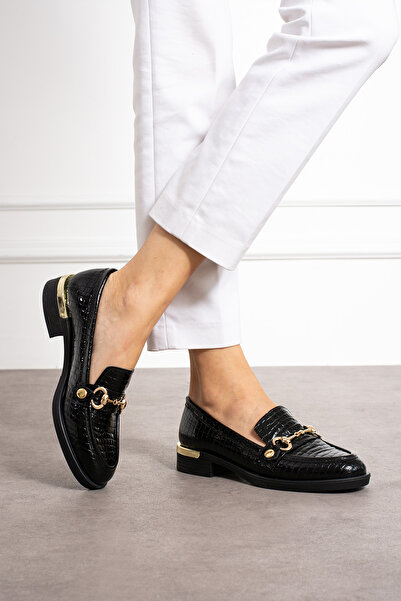 Güllü Shoes Жіночі чорні мокасини з крокодилячим візерунком зручні та часто змінні повсякденні туфлі із золотою пряжкою