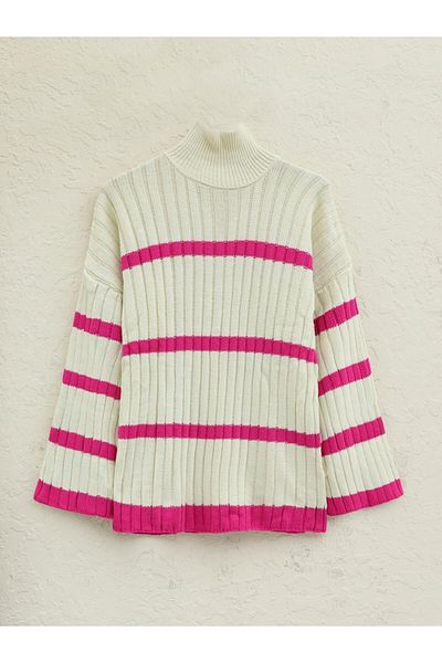 Modamorfo Ecru gestreifter Strickpullover mit lockeren Ärmeln