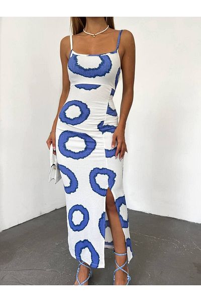 Senem Karadağ Rochie de damă cu model inel albastru cu bretele cu fantă în față