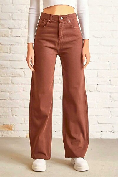 Trn JNS Καφέ Lycra Super ψηλόμεσο φαρδύ τζιν παντελόνι Palazzo. (ΥΠΕΡ ΥΨΗΛΟ) Φαρδύ πόδι