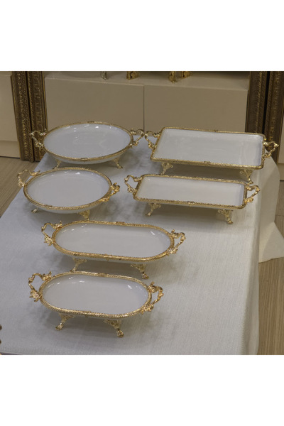 alya home aksesuar 6 Parça Metal Çerçeveli Porselen Sunum Seti Gold