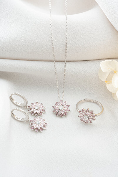 MIDDLEMIST 925 Ayar Gümüş Zirkon Pembe Taşlı Lotus Set