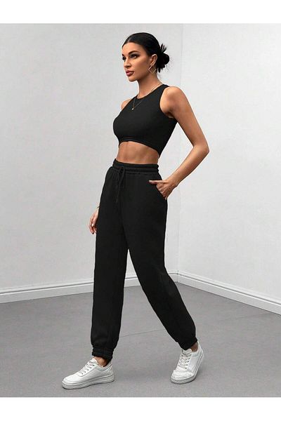 LUMİZA Pantaloni de sport negri cu talie înaltă pentru femei, cu picioare elastice