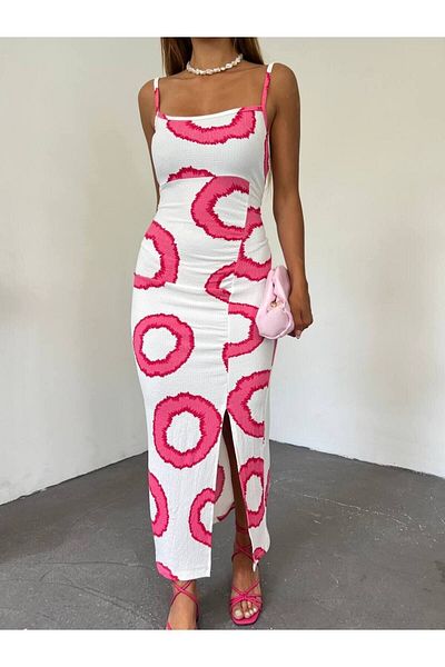 Senem Karadağ Γυναικείο φόρεμα Barbie με ροζ δαχτυλίδι με σχισμή μπροστά