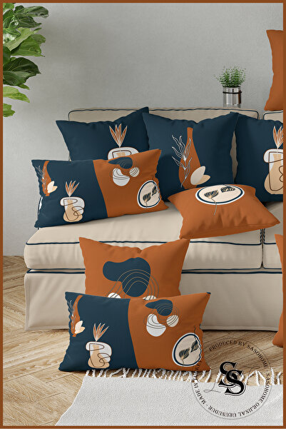 SasoHome Синьо-помаранчевий чохол для подушки з 4-ма цифровими принтами у вигляді сюрреалістичних квітів